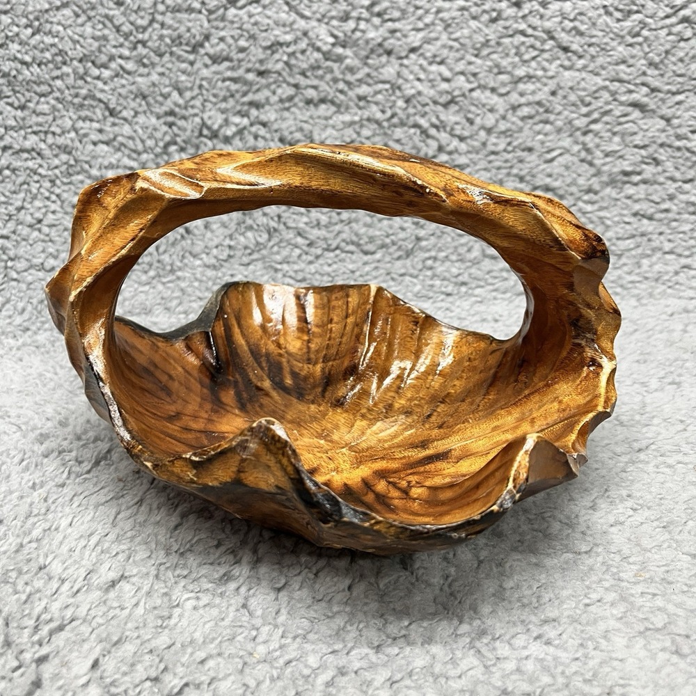 Hand Carved Burl Wood‎ Basket Rustic Folk Art with Handle